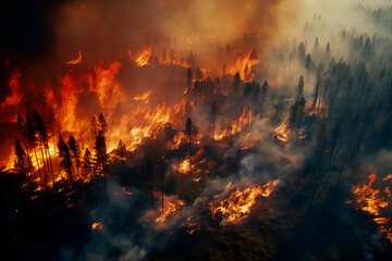 A large-scale forest fire, top view. The forest is burning. Ecological disaster, natural cataclysm