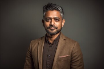 Fototapeta premium indian man wearing brown jacket and looking at camera on grey background