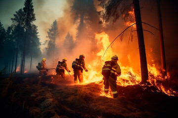 Firefighters are trying to put out a large-scale forest fire