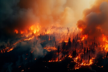 Fototapeta na wymiar A large-scale forest fire, top view. The forest is burning. Ecological disaster, natural cataclysm