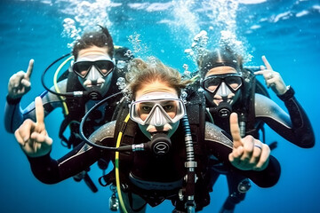 Stunning trio in scuba gear, pointing at ocean marvel off-frame, in deep blue aquatic backdrop, radiating awe and adventure.