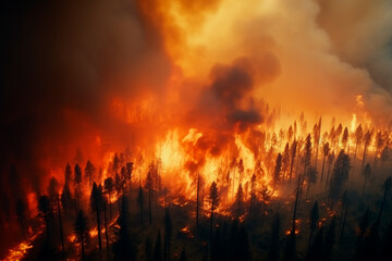 A large-scale forest fire, top view. The forest is burning. Ecological disaster, natural cataclysm