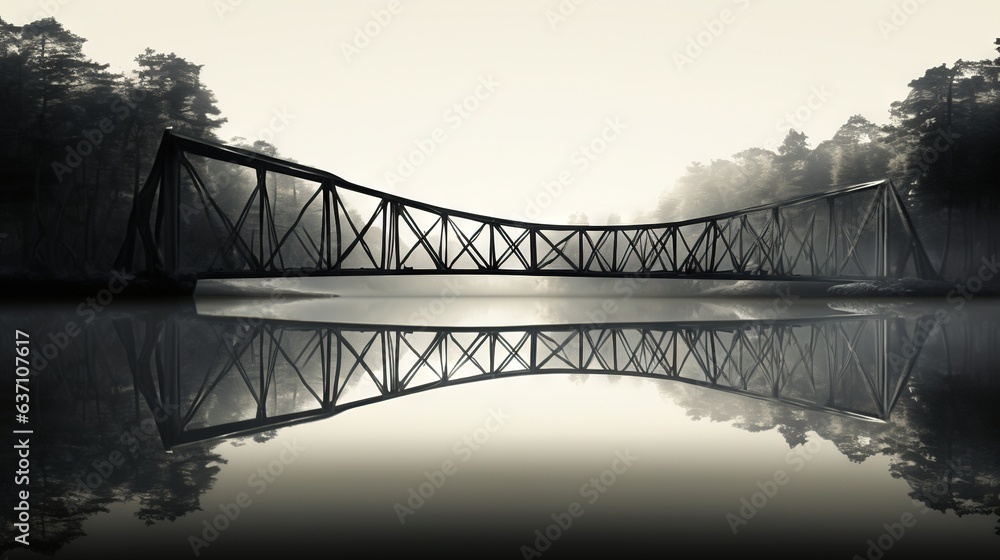 Poster a bridge that is over a body of water with trees in the background. generative ai
