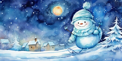 Merry Christmas and happy new year concept, snowman on winter forest background