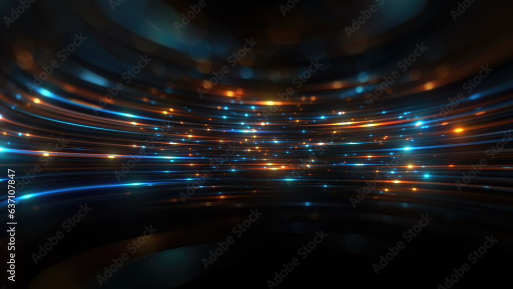 Wall mural dynamic abstract technology backdrop. curved backdrop made of orange and blue particle flares on a b