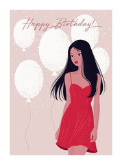 Vector Happy birthday card with woman and balloons