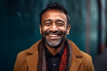 Portrait of a smiling bearded Indian man wearing a coat and scarf