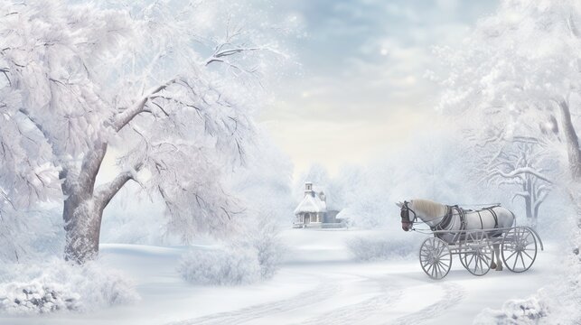  a painting of a horse drawn carriage in a snowy landscape.  generative ai