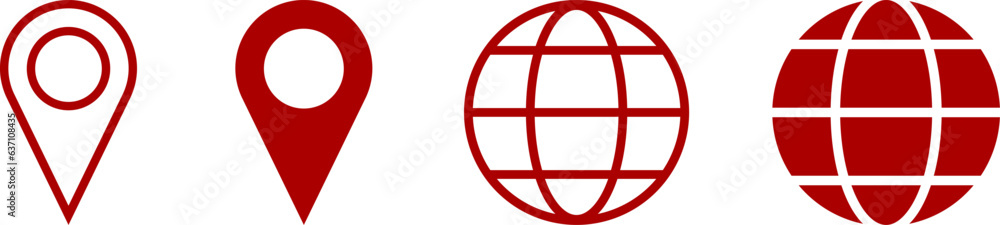 Poster set of red world globe earth web map and location pointer pin or you are here marker sign icon set. 
