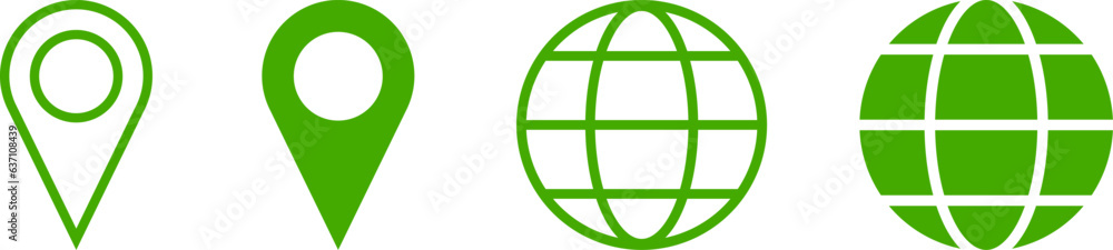 Poster set of green world globe earth web map and location pointer pin or you are here marker sign icon set