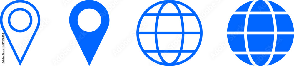 Poster set of blue world globe earth web map and location pointer pin or you are here marker sign icon set.