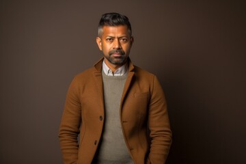 Obraz premium Portrait of a handsome Indian man wearing a brown jacket on a dark background