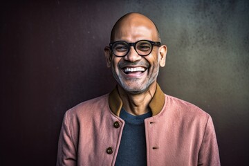 Obraz premium Portrait of happy mature man with glasses smiling at camera against black background