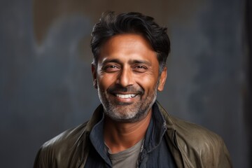 Portrait of a smiling Indian man in a leather jacket against a dark background