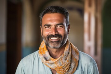 Portrait of handsome Indian man smiling at the camera in the mosque