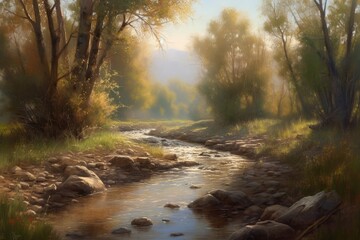 A peaceful stream flowing through a lush forest painting