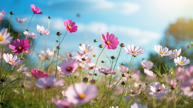  a field of pink and white flowers with a blue sky in the background.  generative ai