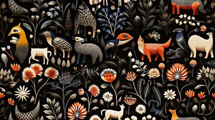  a painting of animals and flowers on a black background with orange and white flowers.  generative ai