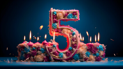 photo Birthday candle as number five 5 on top of sweet cake, 5th  birthday  - obrazy, fototapety, plakaty