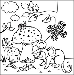 Cute vole, butterfly and ladybug animals that met in the forest. Black and white vector illustration for kids.
