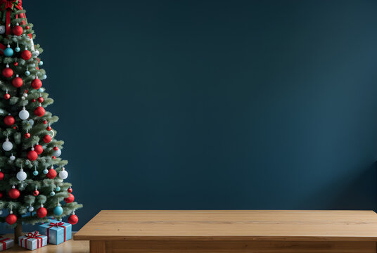 Christmas tree with decorations. Table and wall free space in background.