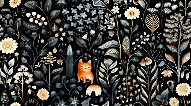  a painting of a fox surrounded by flowers and plants on a black background.  generative ai
