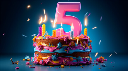 Photo celebrating 5th Birthday cake with a burning birthday candle. Number 5 - obrazy, fototapety, plakaty