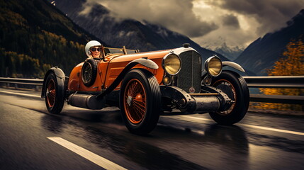 Vintage car on wet highway in autumn - AI Generated