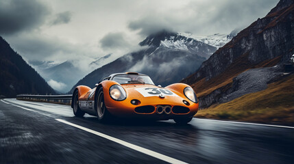 Orange vintage sports car racing on wet road - AI Generated - obrazy, fototapety, plakaty