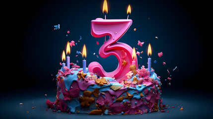 photo Birthday candle as number three 3 on top of sweet cake, 3rd birthday