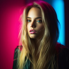 Naklejka premium Beautiful woman photo with blonde hair in colorful lights - AI Generated
