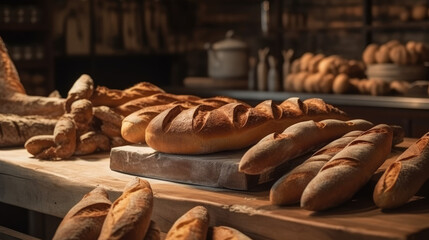different bread loaves and baguettes on bakery shop.