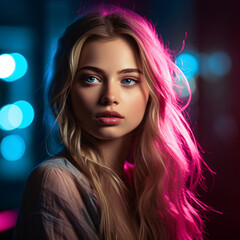 Beautiful woman photo with blonde hair in colorful lights - AI Generated