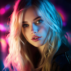 Fototapeta premium Beautiful woman photo with long blonde hair in colorful lights - AI Generated