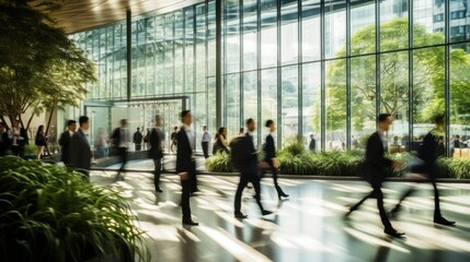Busy business office lobby with many people walking wearing suits at conference motion blur