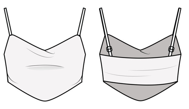 Cowl Neck Front V-Cut Crop Strappy Cami Top Front and Back View. Fashion Illustration, Vector, CAD, Technical Drawing, Flat Drawing, Template, Mockup.