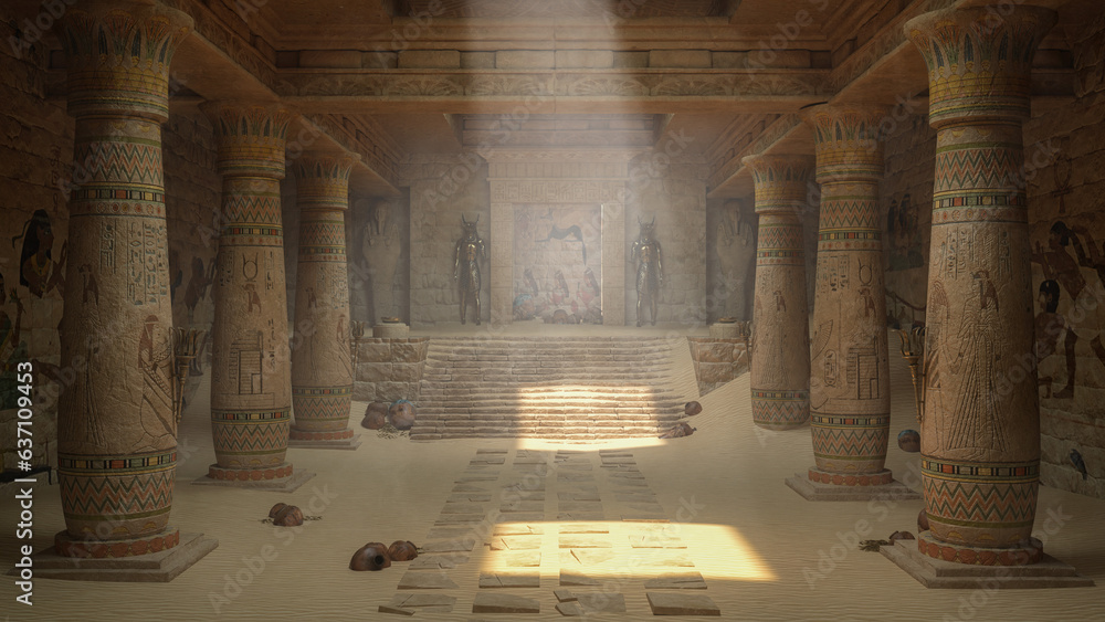 Poster ancient egyptian temple ruin interior with decorated columns and steps leading to a doorway and gold