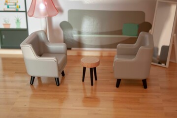 a room filled with toy furniture and a lamp on a wood floor