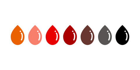 Fototapeta premium Set of female menstruation blood color. Period blood drop shape. Health, hormone, hygiene, monthly menstrual tracking concept. Flat vector design isolated Illustration.