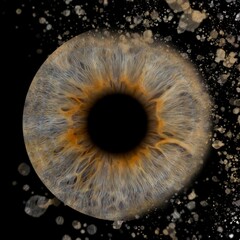 Closeup of a human eye on a dark background, with a sparkling golden glitter emanating from it