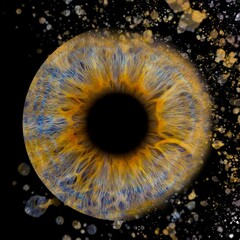 Closeup of a human eye on a dark background, with a sparkling golden glitter emanating from it