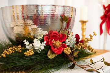 Christmas Serving Bowl with Poinsetta Arrangement
