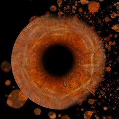 Closeup of an orange human eye iris on a dark background