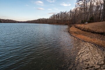 Tranquil water of Lake Michael in Burlington, North Carolina during winter