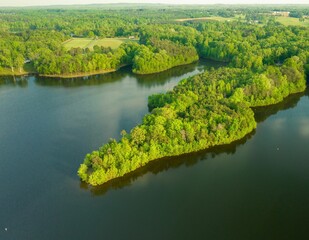 Aerial view of Lake Mackintosh surrounded by lush greenery. Burlington, North Carolina.