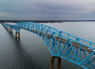 Aerial shot of the Robert O Norris bridge spanning the Rappahannock River in Virginia.