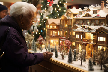 Seniors Admiring a Beautifully Decorated Christmas Village Display , Christmas  