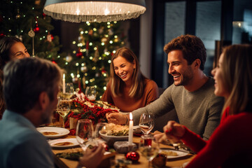 Family Gathering Around a Festive Table for Christmas Eve Dinner , Christmas Eve  