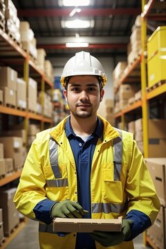 A worker in a warehouse, wearing a bright yellow vest and hard hat, carrying a box in his hands, with blurred shelves and stacks of boxes in the background