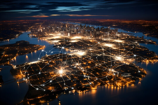 America at night viewed from space with city lights showing activity in United States. Technology, global communication, world